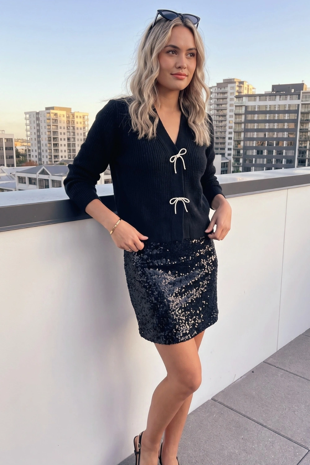 Woman in black ribbed bow tie knit cardigan with black sequin mini skirt and black slingback heels