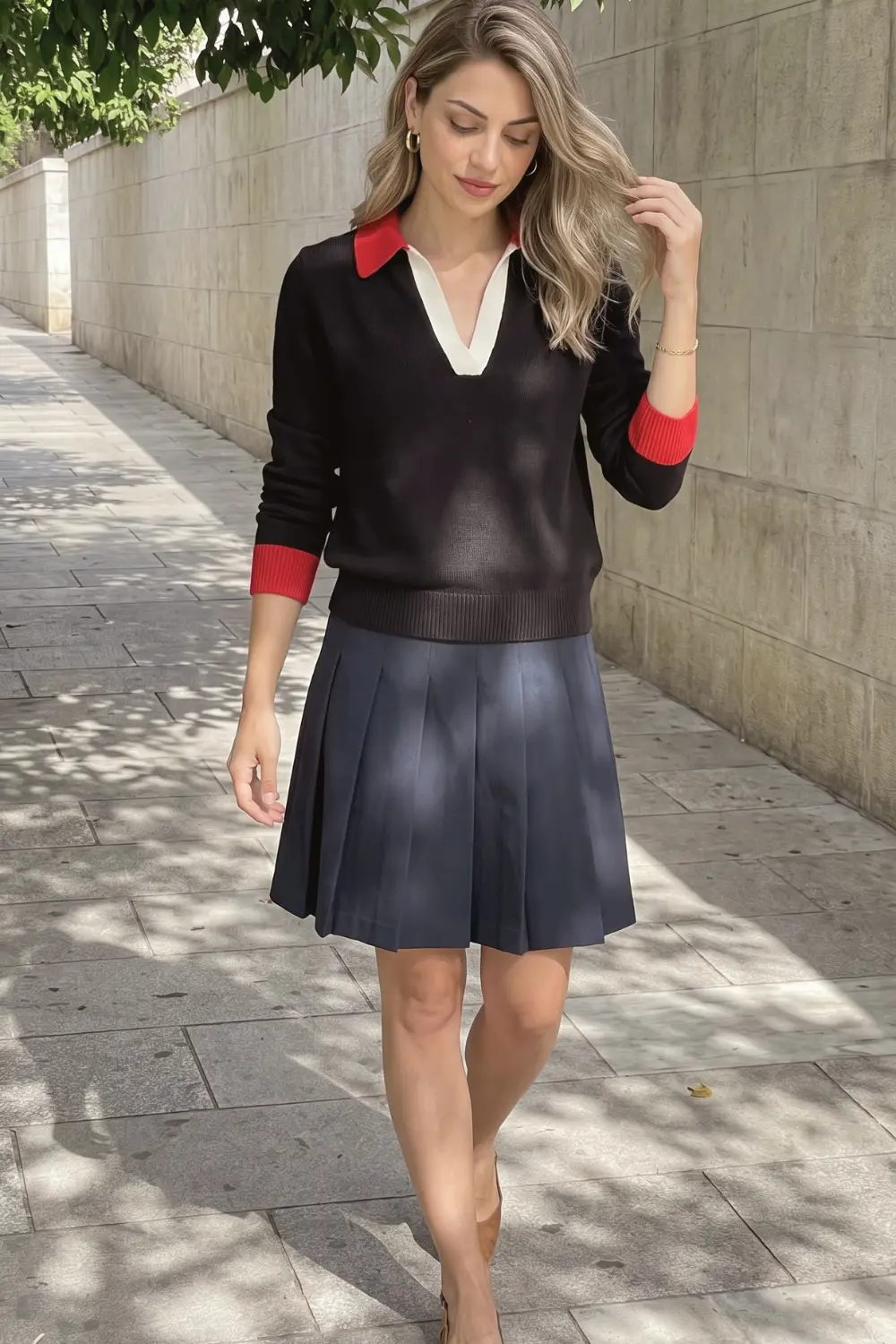 Woman in black long sleeve v-neck knit sweater with red collar cuff trim white shirt and navy blue pleated mini skirt