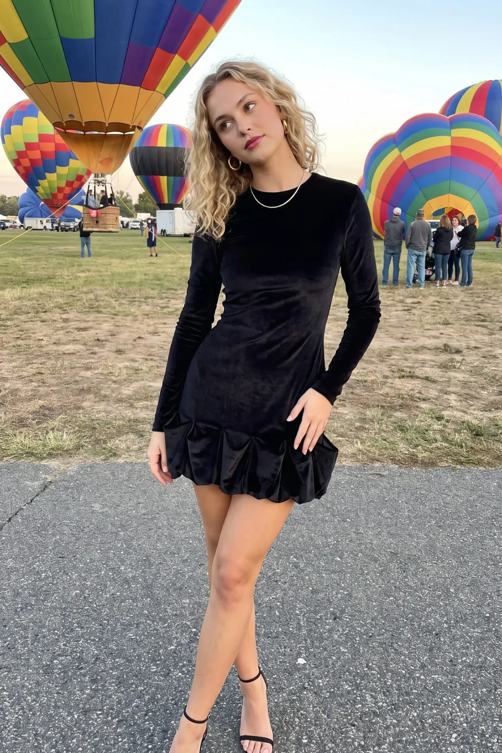 Woman in black velvet ruffle hem long sleeve mini dress