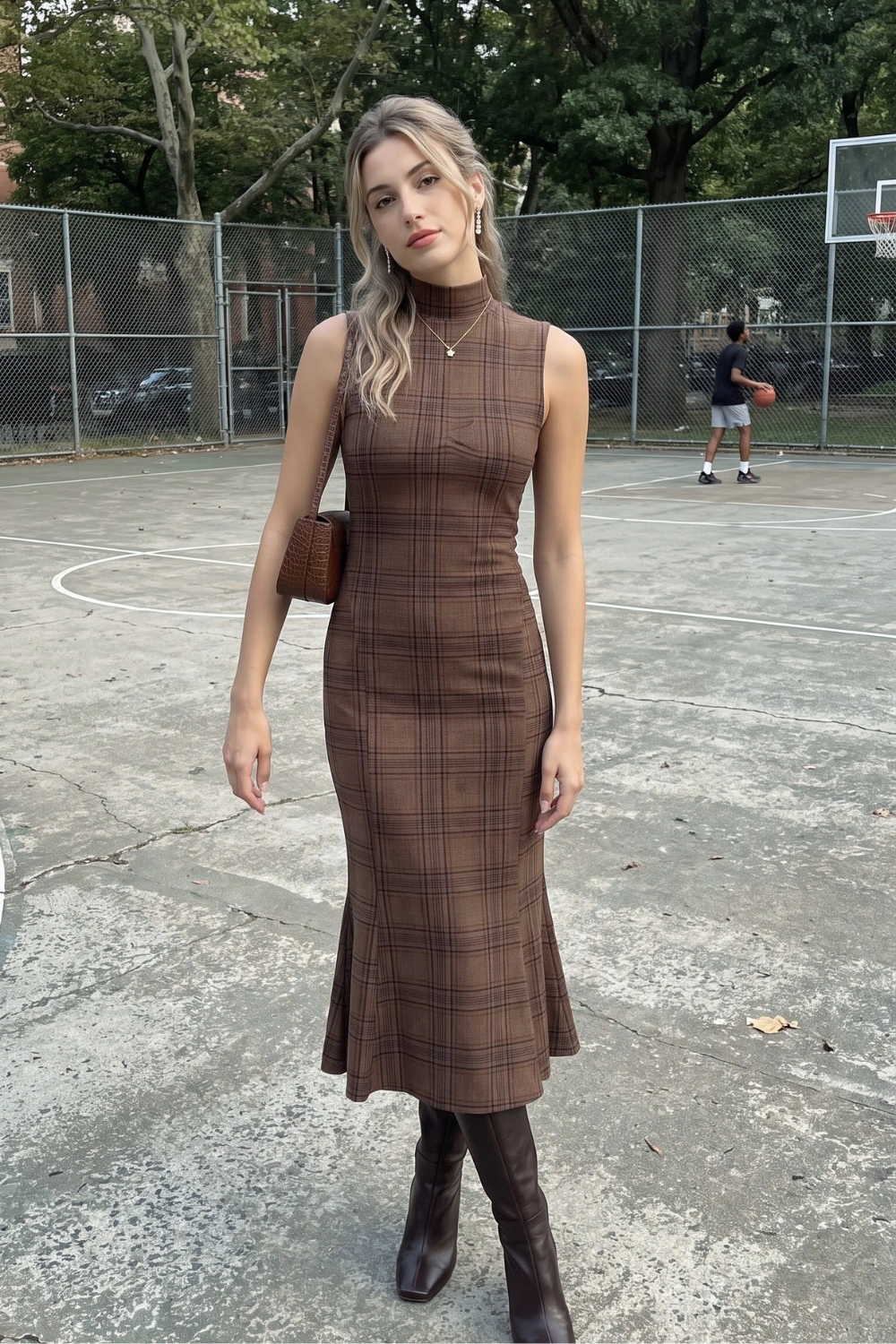 Woman in brown glen plaid sleeveless turtleneck fitted midi dress with dark brown knee high boots