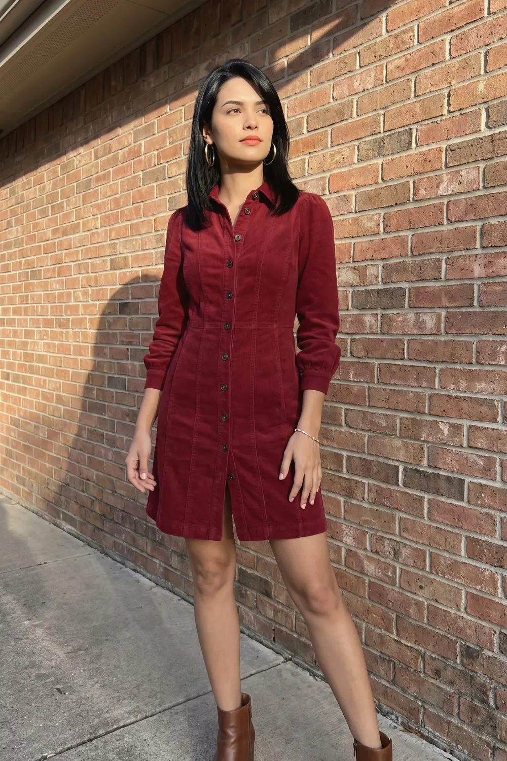 Woman in burgundy corduroy long sleeve button down shirt dress with brown ankle boots