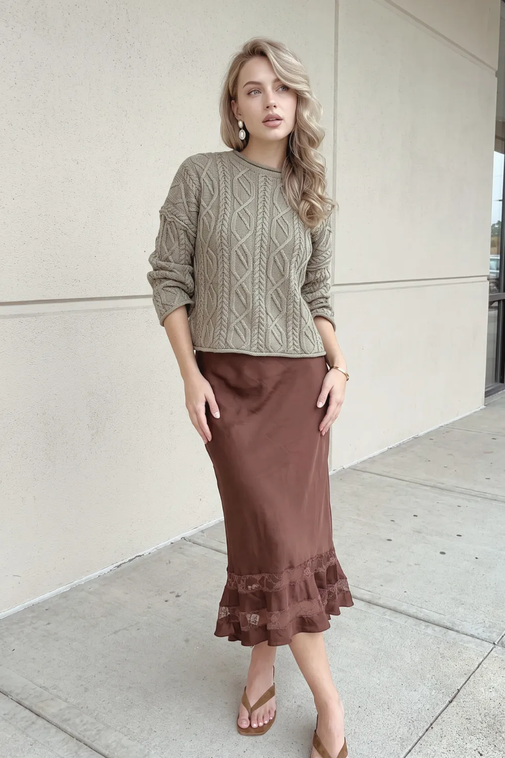 Woman in olive green cable knit sweater and chocolate brown satin lace ruffle hem midi skirt