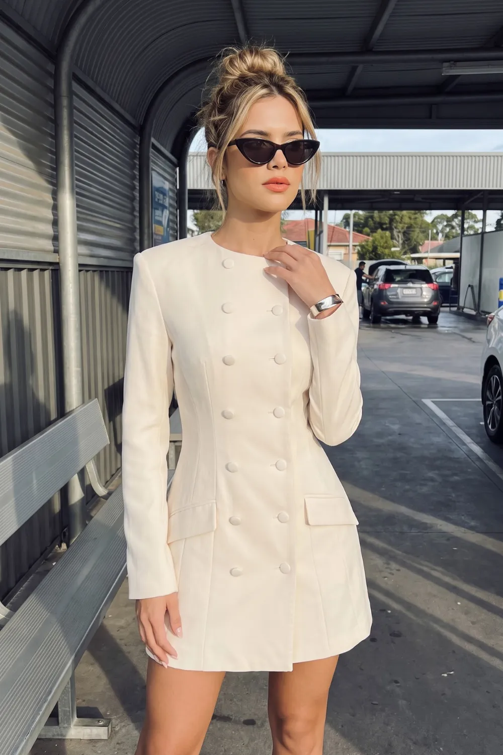 Woman in cream double breasted collarless blazer mini dress