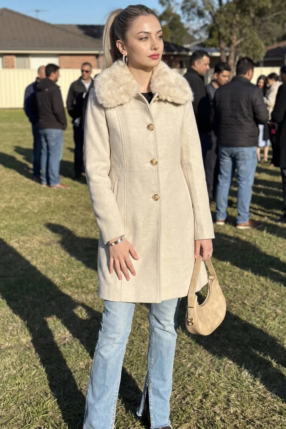 Woman in cream wool coat with faux fur collar and light blue straight jeans