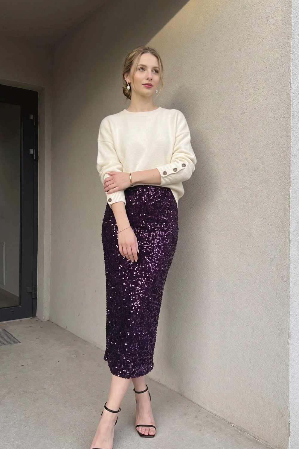 Woman in cream knit button cuff sweater with deep purple sequin midi skirt and black strappy heels