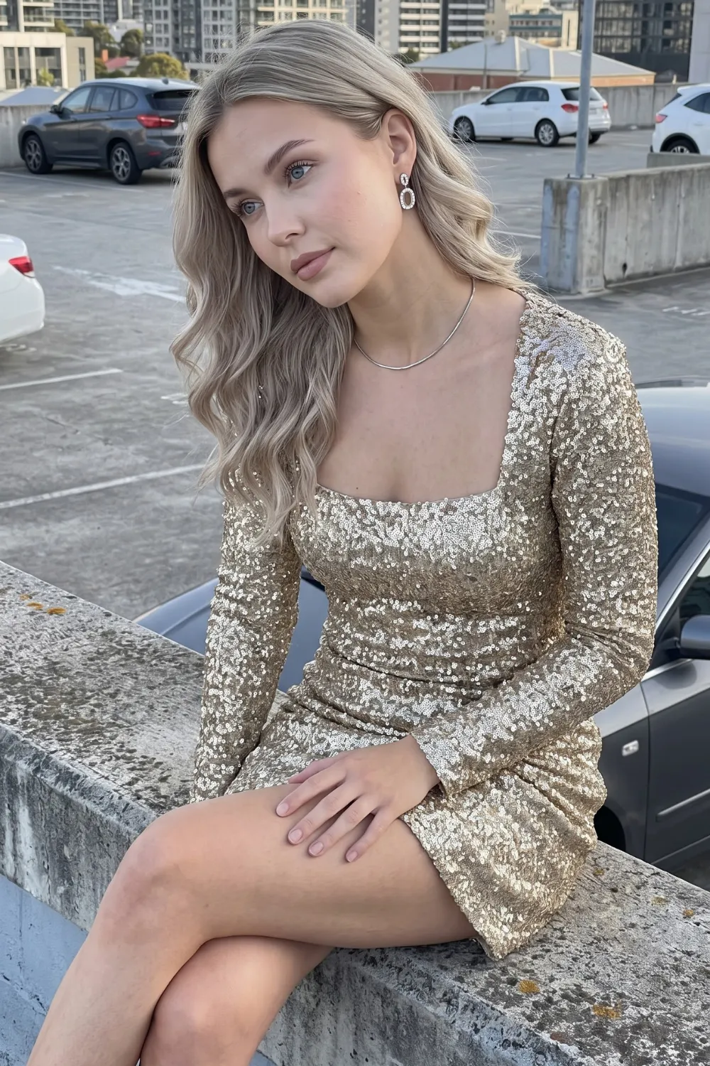 Woman in gold sequin square neck bodycon long sleeve mini dress
