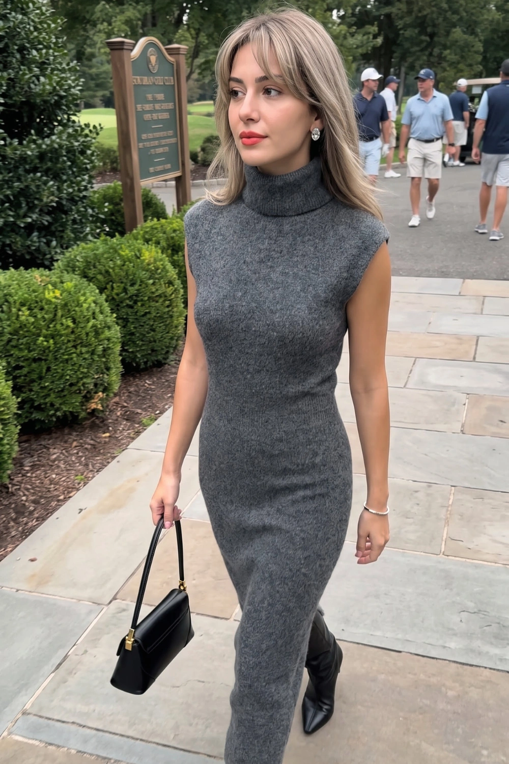 Woman in charcoal grey sleeveless turtleneck fitted knit midi dress