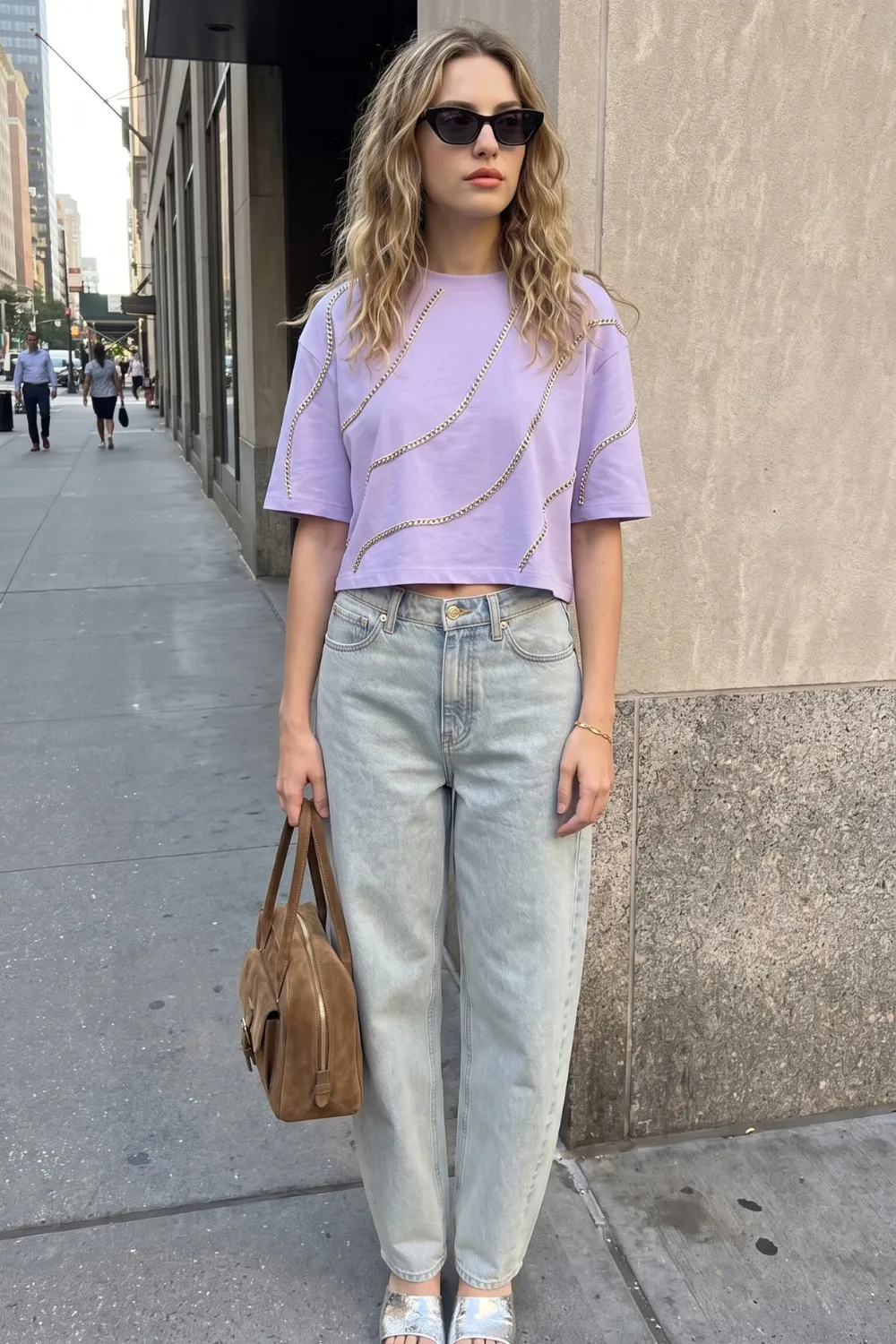 Woman in lilac chain embellished crop tee with light wash barrel jeans and silver mules