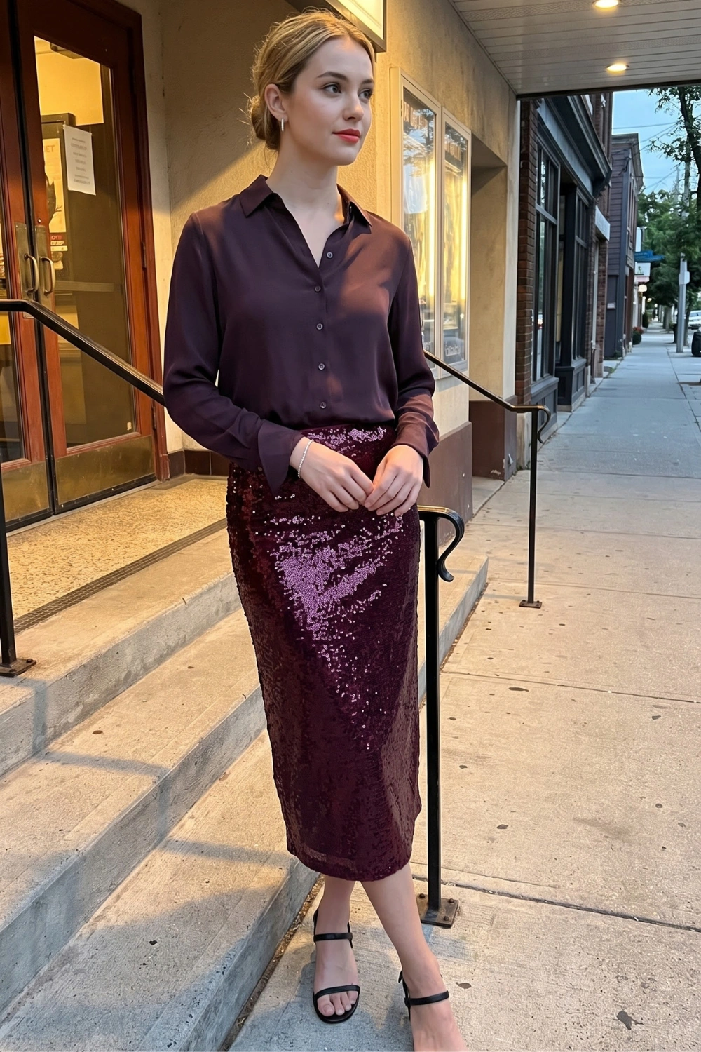 Woman in dark plum satin shirt with burgundy sequin midi pencil skirt and black strappy heels