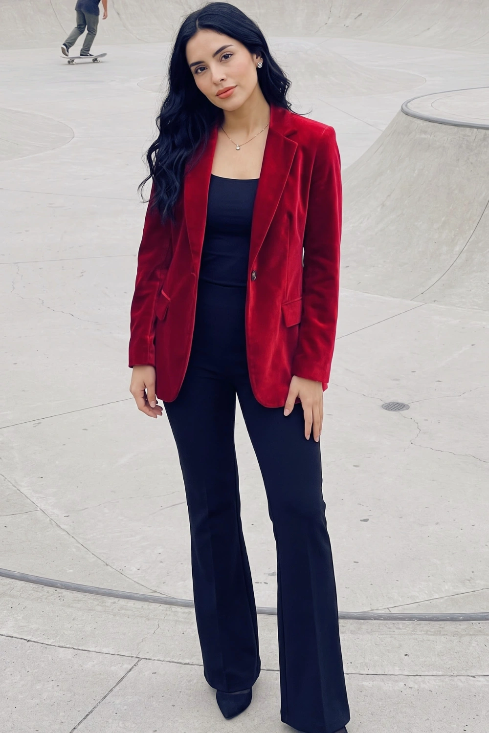 Woman in red velvet blazer black square neck top and black flare trousers