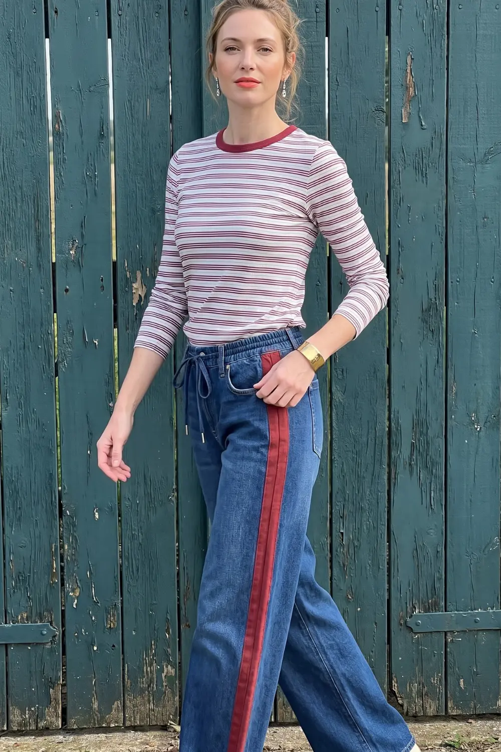 Woman in white burgundy stripe long sleeve top and blue denim side stripe wide leg jeans