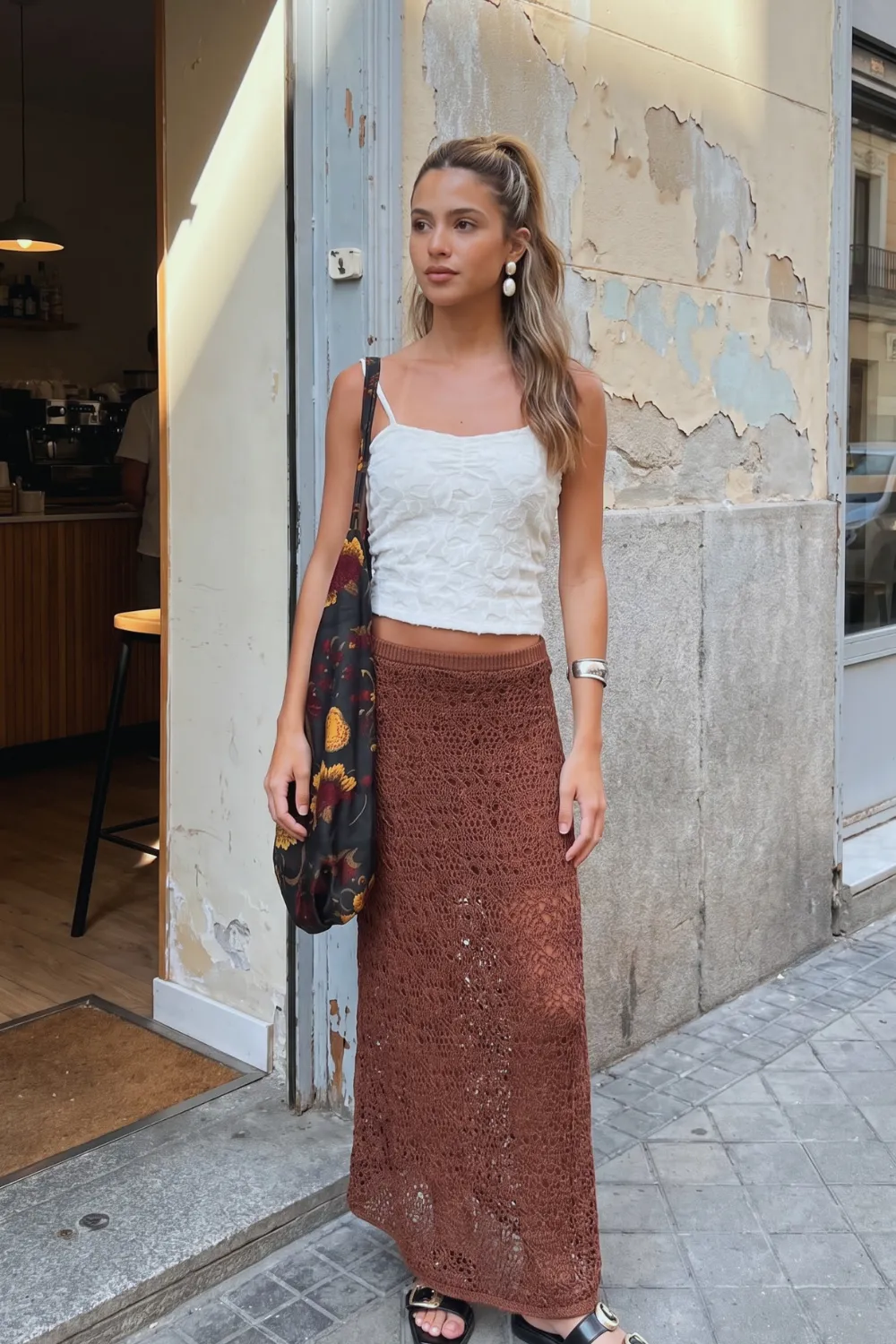 Woman in white textured spaghetti strap crop top and brown crochet maxi skirt