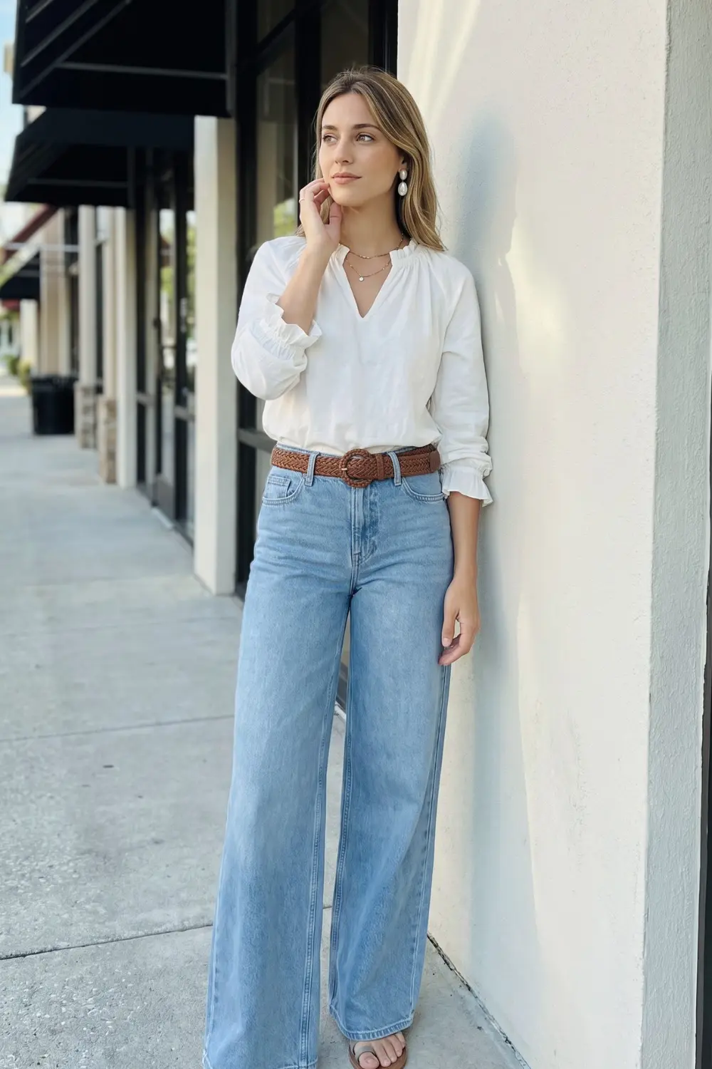 Woman in white ruffle neck long sleeve blouse and light blue wide leg jeans with brown braided belt